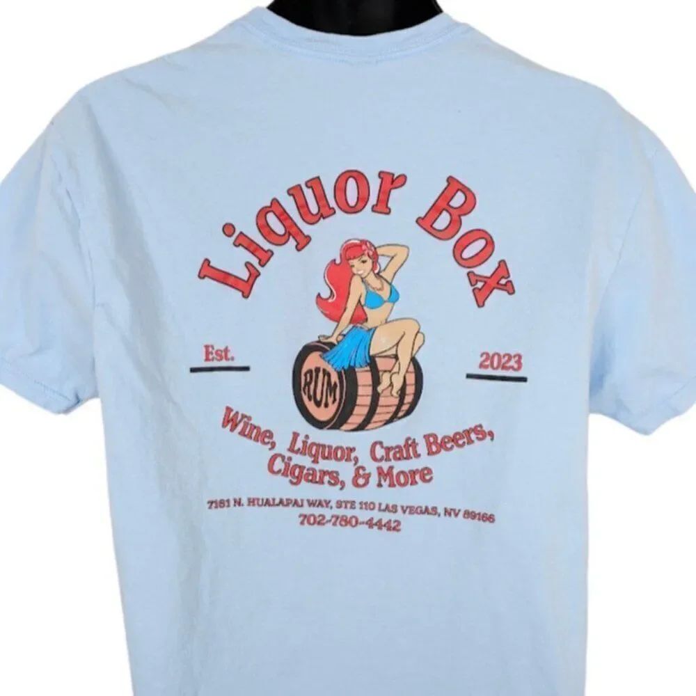 Liquor Box T Shirt Mens Size Large Blue Las Vegas Pin Up Girl Destination
